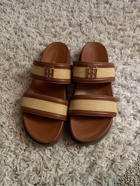 Tommy Hilfiger Brown and Natural Raffia Double-Strap Slide Sandals